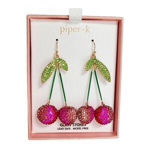 🍒 PIPER K Cherry Glass Stones Nickel Free Drop Statement Earrings NEW IN BOX